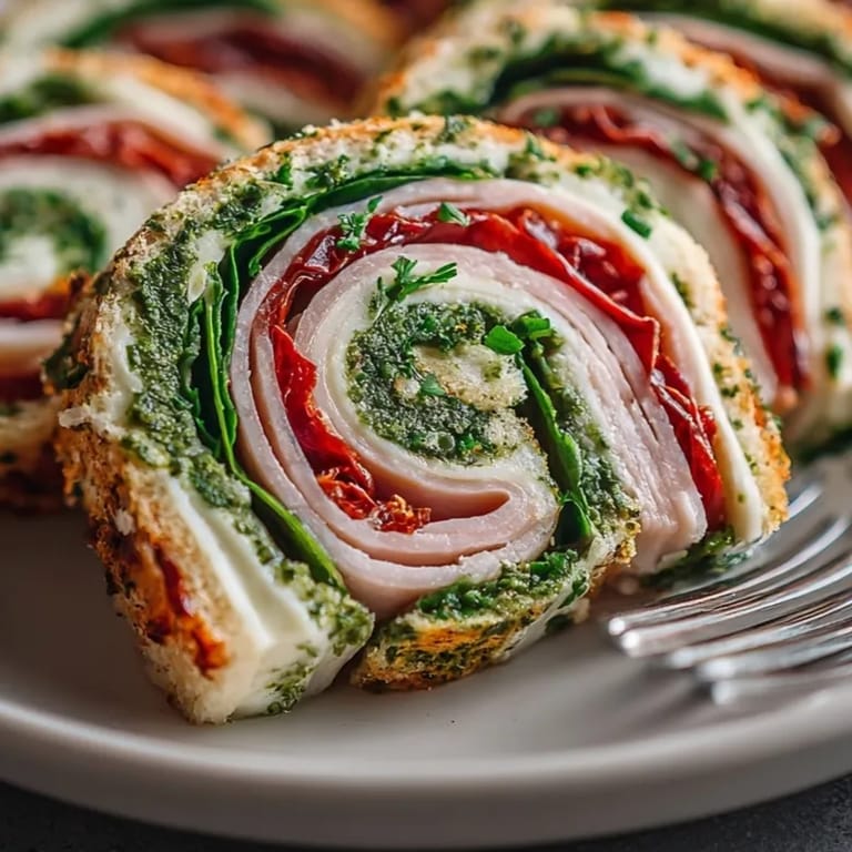 Close-up of Turkey Pesto Pinwheel Sandwiches showing creamy pesto and colorful deli meat layers