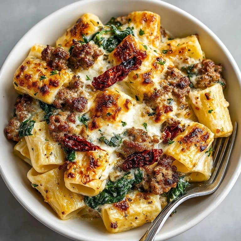 Hearty Creamy Tuscan Sausage Pasta Bake topped with herbs in a rustic casserole dish