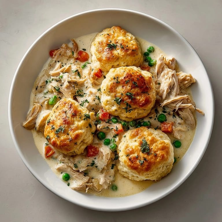 Close-up of fluffy biscuits atop savory homestyle chicken &amp; biscuit casserole, perfect for family dinners.