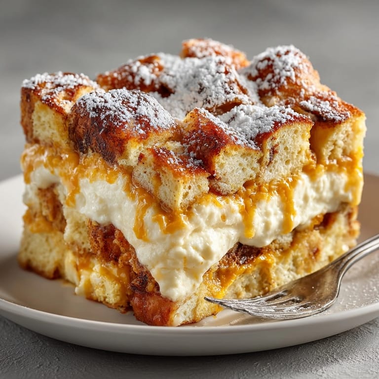 Warm Pumpkin Cream Cheese French Toast Bake served family-style on a rustic breakfast table