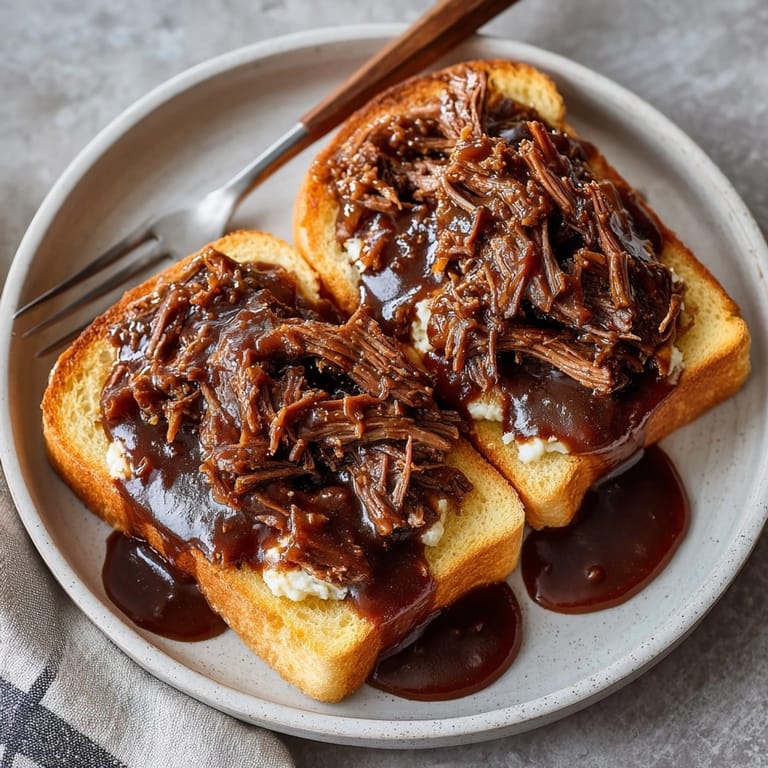 Hearty Slow Cooker Beef & Gravy Open-Face Sandwiches served hot on rustic bread for lunch