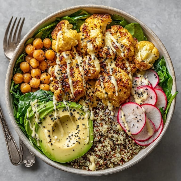 Hearty Roasted Cauliflower &amp; Chickpea Buddha Bowls arranged in bowls, ready for a healthy lunch