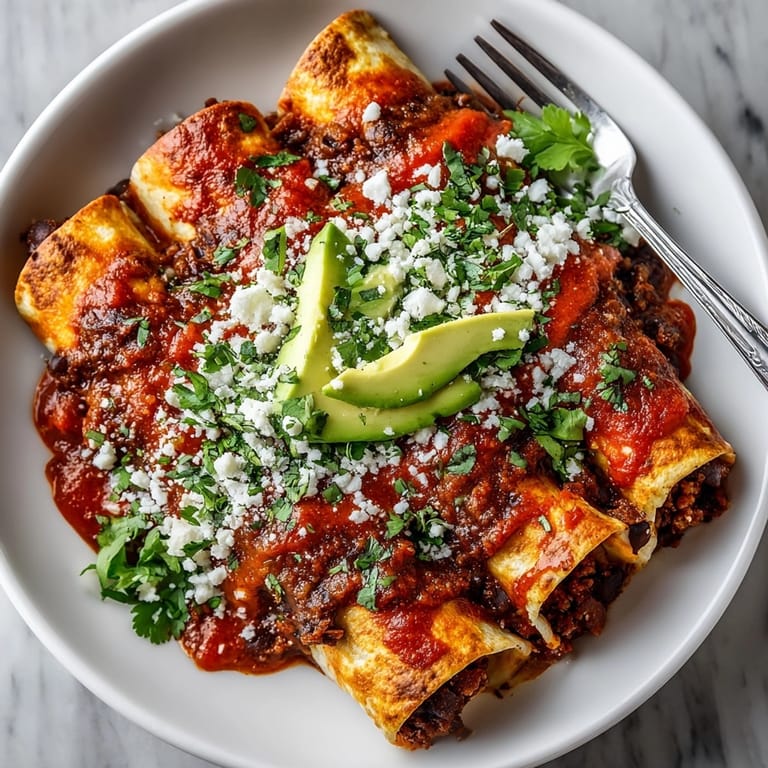 Plate of sweet potato black bean enchiladas served hot with sliced avocado and lime wedges
