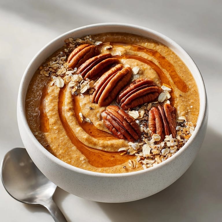 Cozy pumpkin oatmeal maple drizzle served steaming in a rustic bowl, autumn breakfast vibes