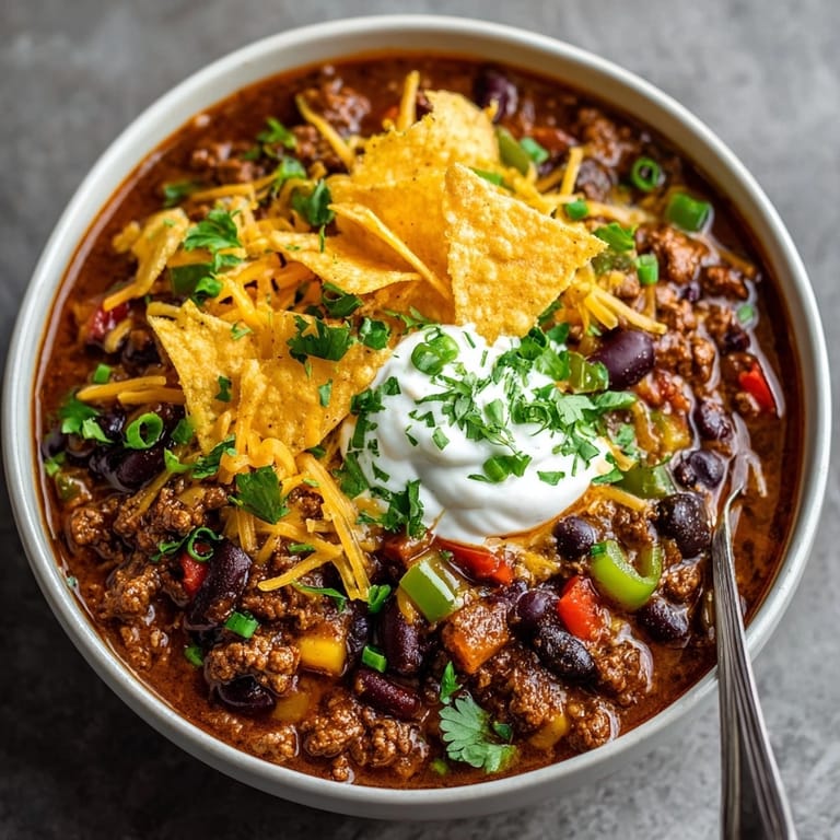 A steaming bowl of Instant Pot Halloween Chili, topped and ready to be enjoyed.
