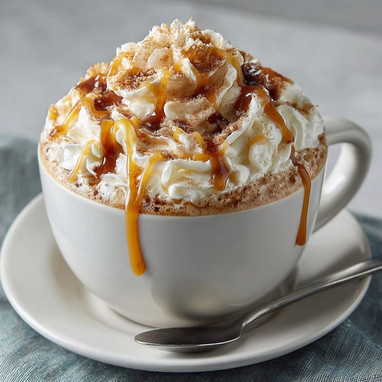 Homemade Buttered Beer: Close-up of creamy drink topped with whipped cream and butterscotch drizzle.