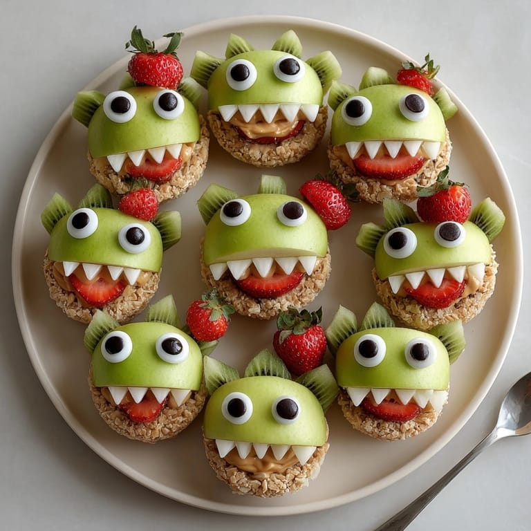 Whimsical Monster Apple Peanut Butter Bites: Easy, healthy snack decorated for Halloween fun.