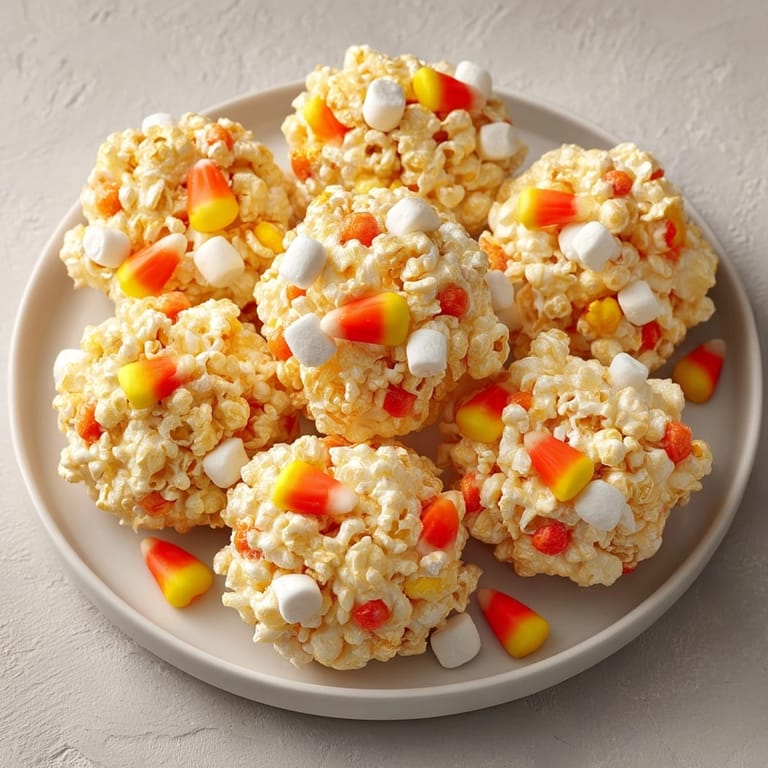 Homemade Candy Corn Popcorn Balls cooling on parchment, showing vibrant colors and fun texture.