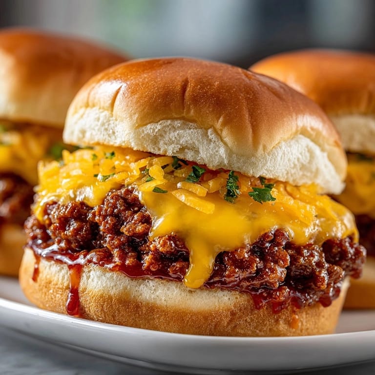 Close-up of juicy 5-Ingredient Sloppy Joe Sliders oozing cheese on toasted mini buns.