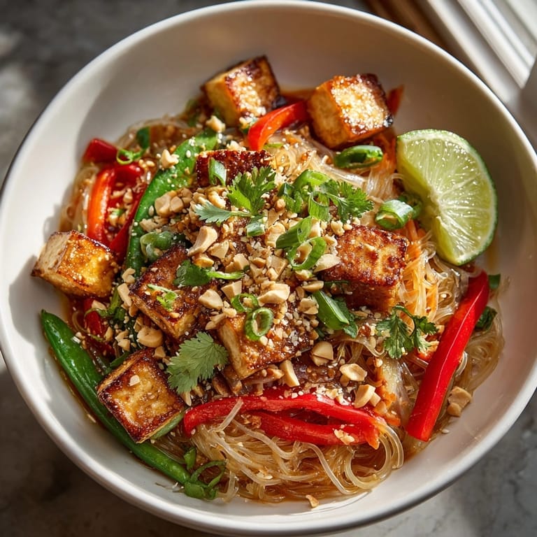 Close-up of Sweet and Spicy Noodle Bowl with tofu, peanuts, and fresh cilantro.