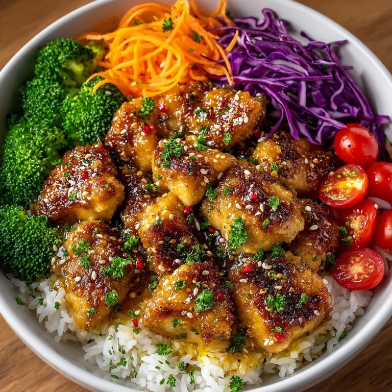 Golden Honey Mustard Chicken Rice Bowl with colorful veggies, served over fluffy jasmine rice.