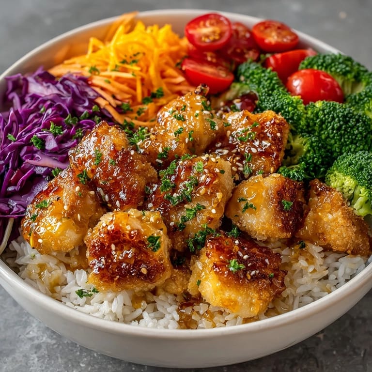 Savory Honey Mustard Chicken Rice Bowl recipe; chicken glistens with flavorful, tangy sauce.