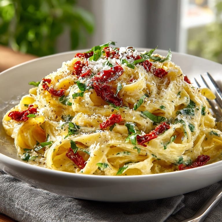 Homemade Sun-Dried Tomato Alfredo Pasta recipe; cooked in a skillet, creamy, fragrant, and ready to enjoy.