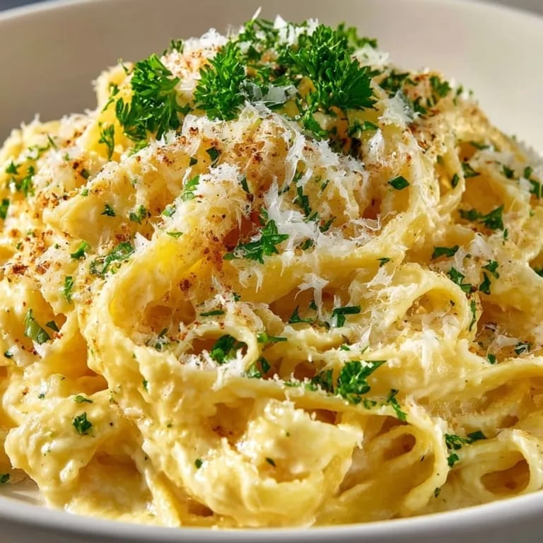 Close-up of Creamy Alfredo Pasta Express, steam rising from perfectly coated noodles, garnished parsley.