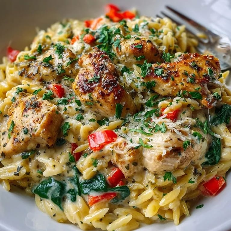 Creamy One-Pan Chicken Orzo: A close-up view of the hearty pasta dish with chicken.