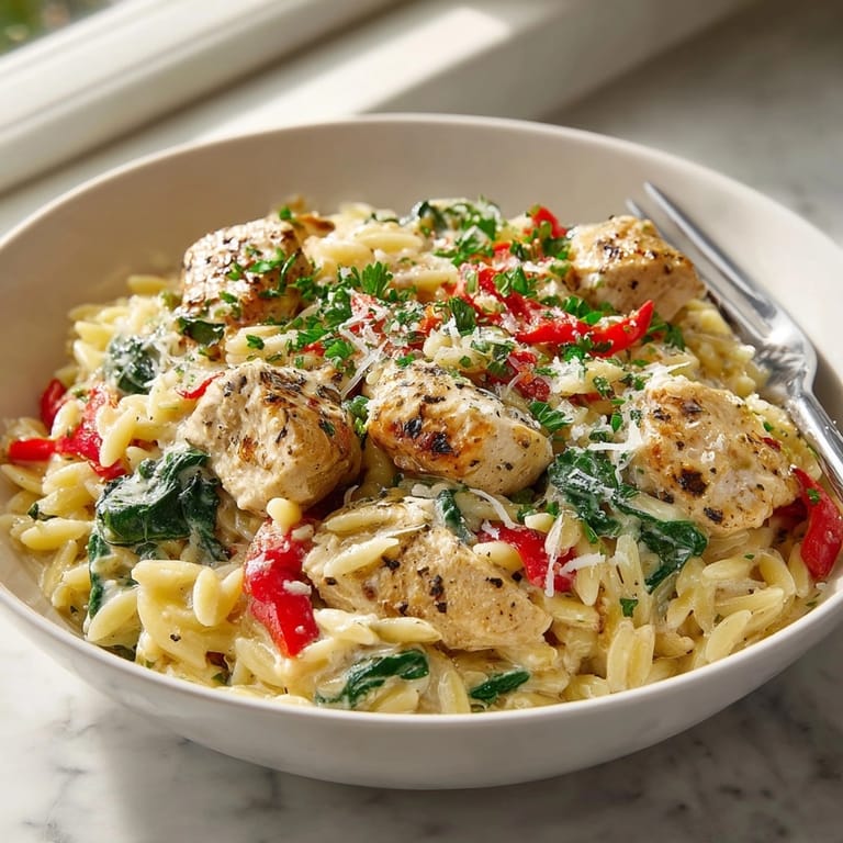 Spoonful of homemade One-Pan Creamy Chicken Orzo showing the cheesy, comforting texture.