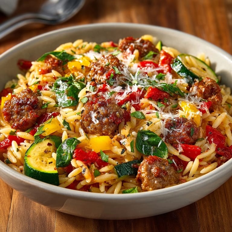 Quick and easy Spicy Sausage Orzo Skillet bubbling hot, ready for weeknight dinners.