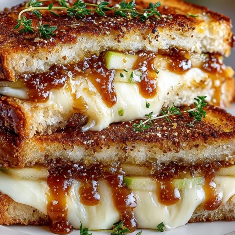 Warm, gooey Apple Butter Brie Grilled Cheese sandwich, sliced in half showing apple filling.