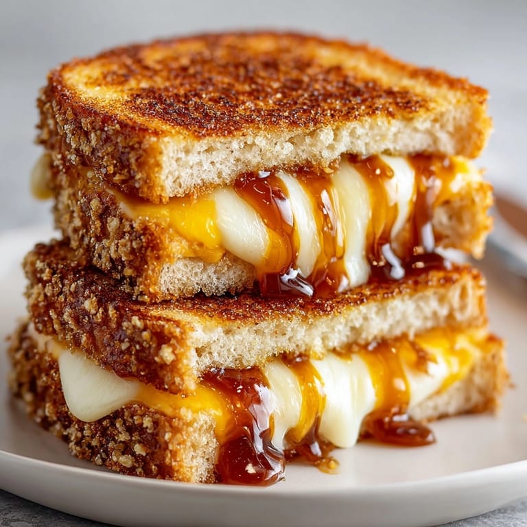 A close-up view of a gooey, delicious Honey Sriracha Grilled Cheese right out of the pan.