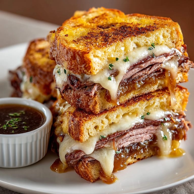 Close-up of a delicious French Dip Grilled Cheese oozing with cheese and caramelized onions.