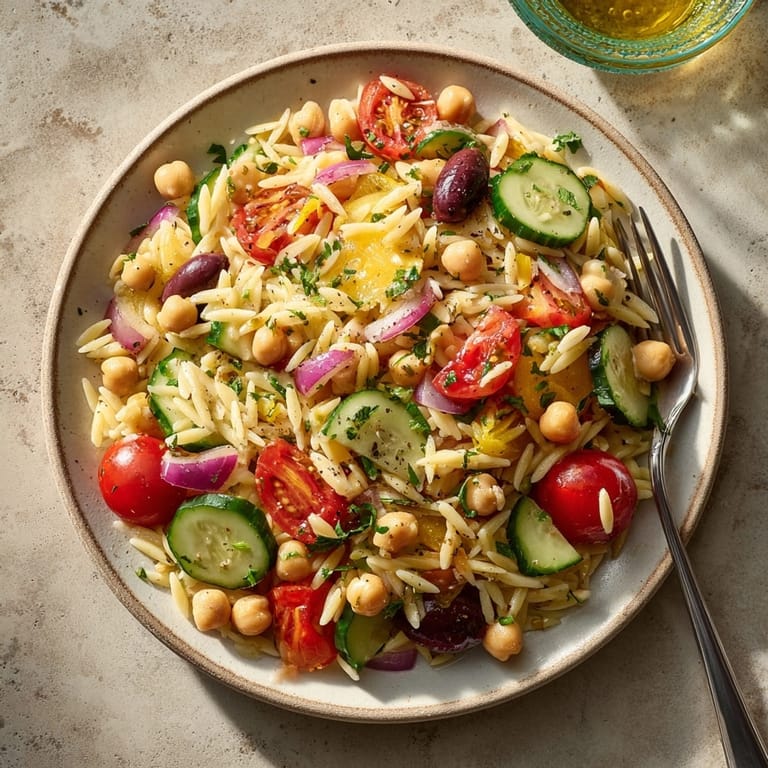 Close-up capturing the vibrant colors of homemade Mediterranean Orzo and Chickpea salad.