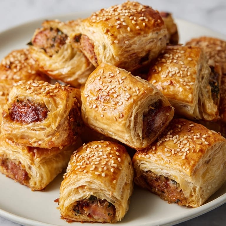 Homemade Caramelized Onion Sausage Rolls, scattered seeds on top, ready for dipping in chutney.