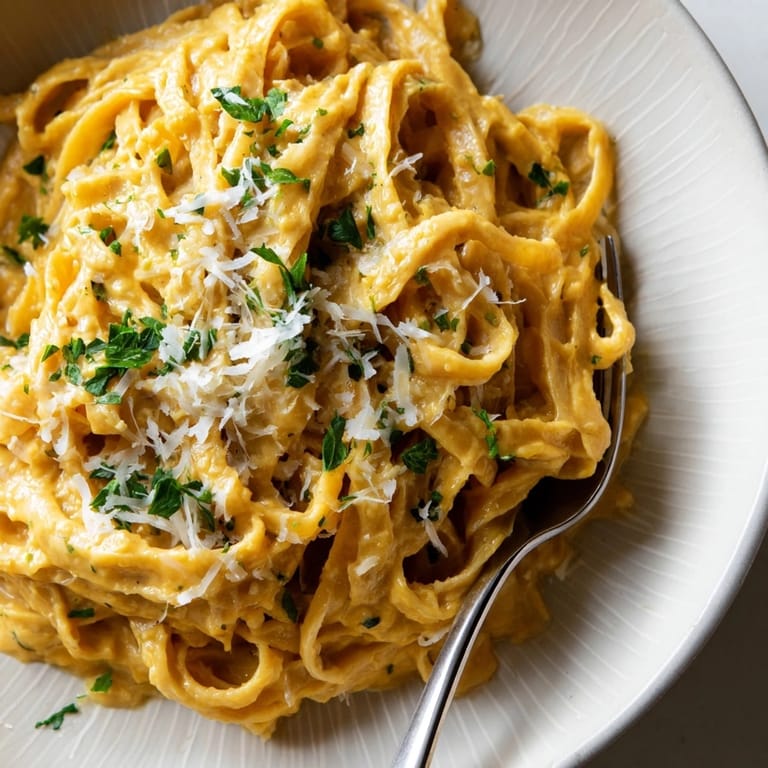 Savory Pumpkin Alfredo Pasta Skillet: close-up of cheesy, parmesan-topped perfection, steaming hot from the skillet.