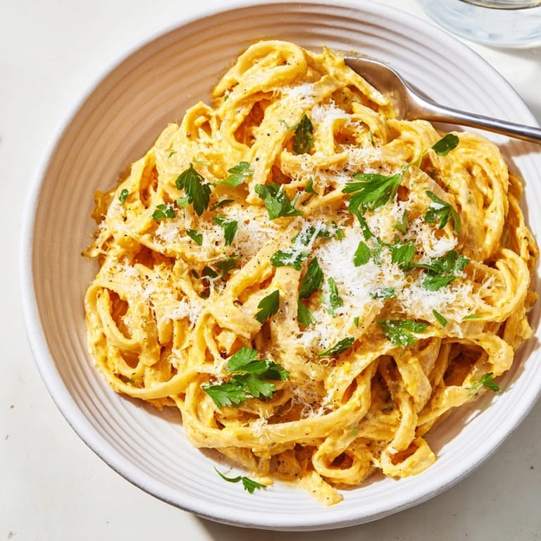 Easy vegetarian dinner: A rich Pumpkin Alfredo Pasta Skillet with fresh parsley and grated Parmesan.