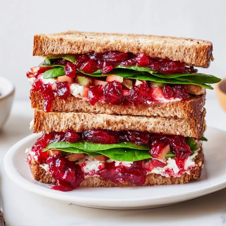 Tangy and sweet Apple Cranberry Chutney Sandwiches ready to enjoy, side view on wooden board.