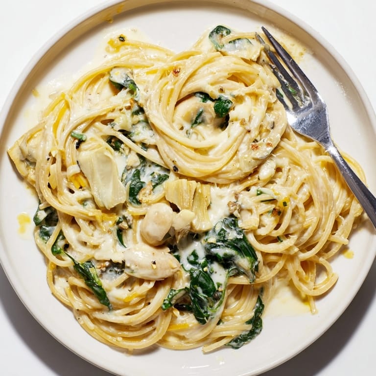 Comfort food: Creamy Spinach Artichoke Spaghetti plated, ready for a quick weeknight supper.