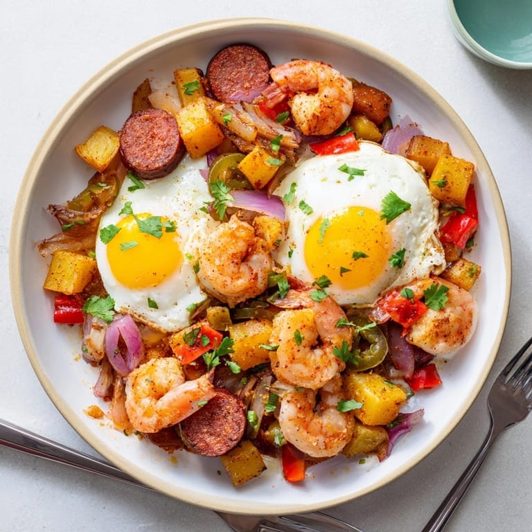 Hearty rustic Shrimp Chorizo Breakfast Skillet, perfect for a weekend brunch served family-style.