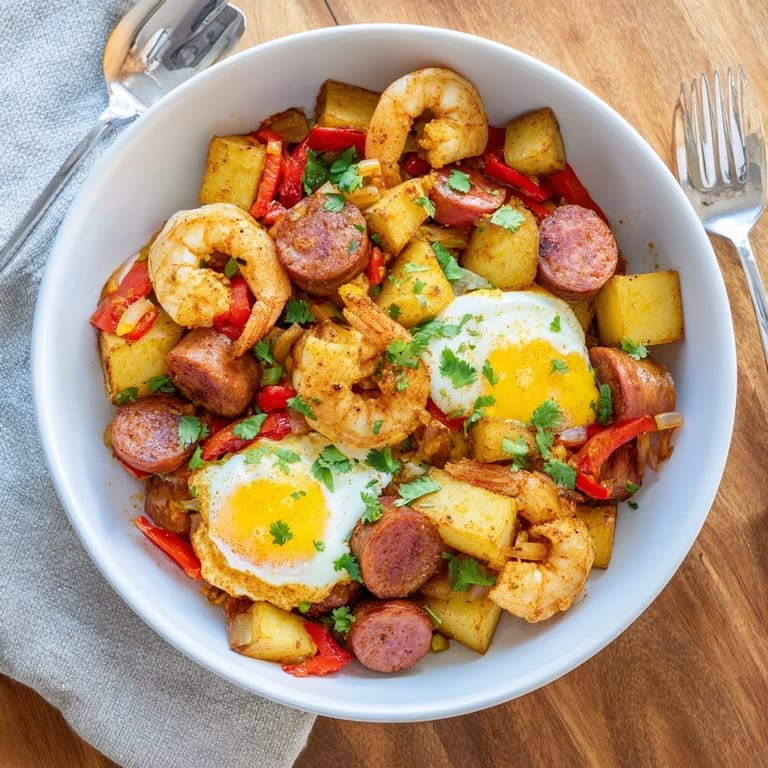 Enjoy a spicy, savory Shrimp Chorizo Breakfast Skillet: eggs, potatoes, and flavorful meats.