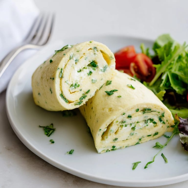 Top-down view: savory Ricotta Herb Omelette Wraps filling, bursting with herbs, healthy meal.