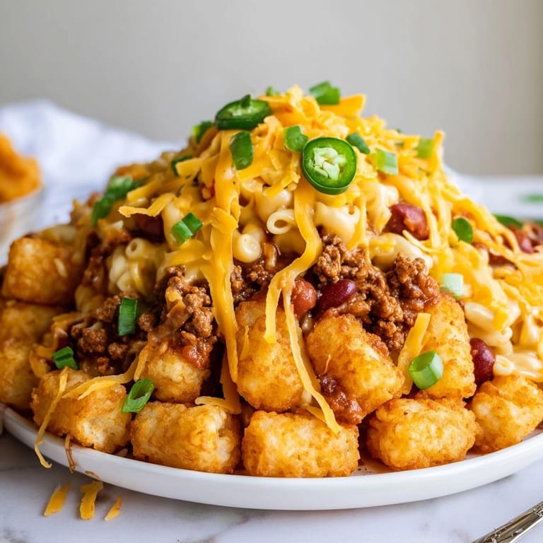 Melty, comforting Mac and Cheese Chili Cheese Tots ready for game day, piled high for a party crowd.