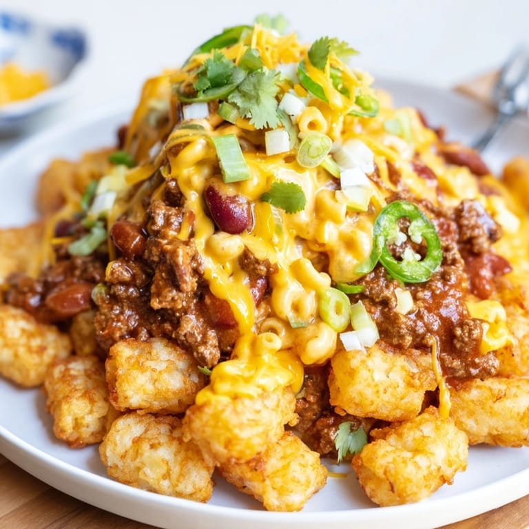 Golden Mac and Cheese Chili Cheese Tots, a cheesy layered masterpiece, best enjoyed hot, perfect comfort food.