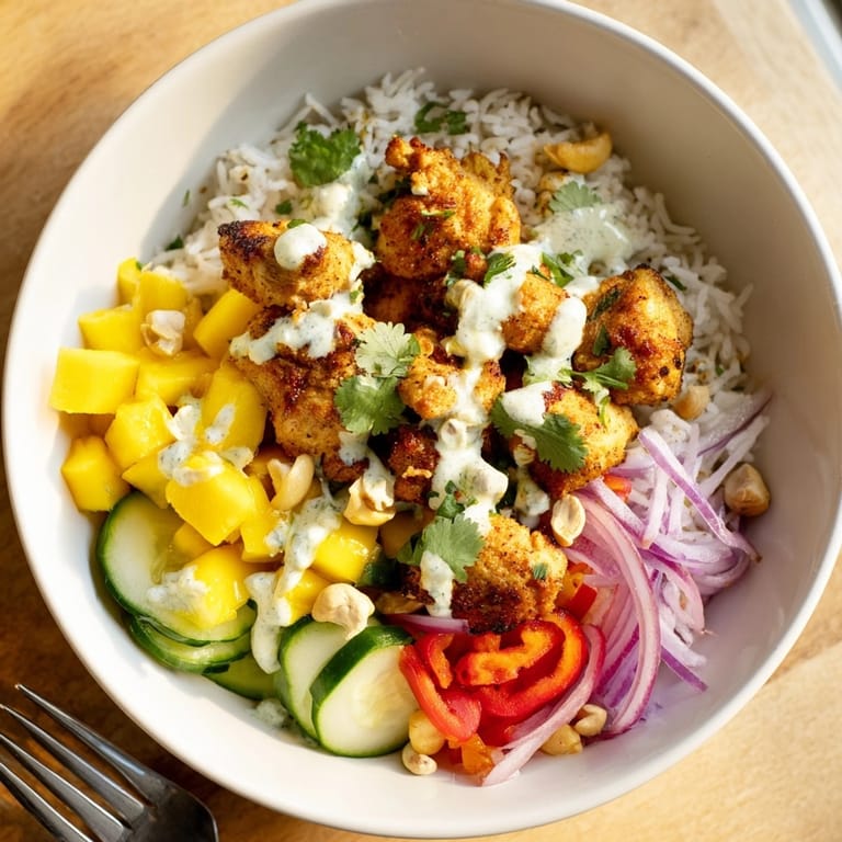 Making delicious Mango Masala Chicken Tidy Bowls—fresh ingredients and aromatic spices entice.