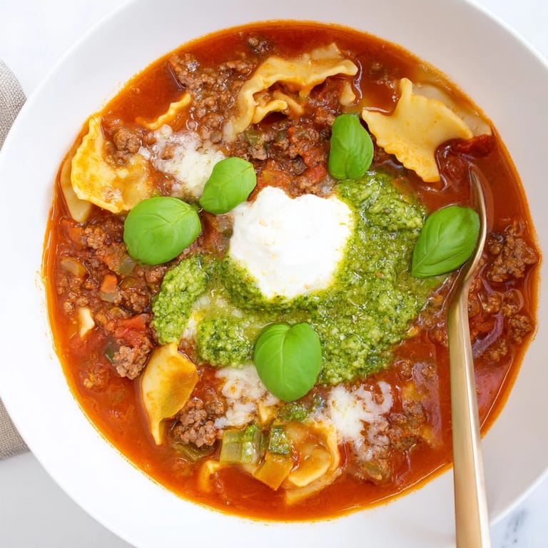 Hearty Lasagne Soup with Pesto Drizzle in a rustic bowl, steam rising slowly.