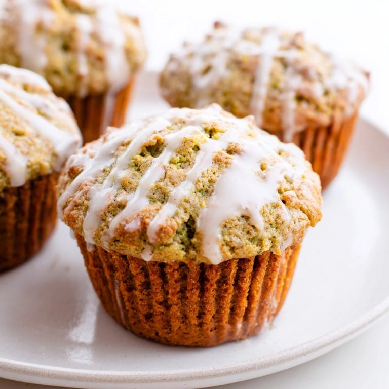 Homemade Matcha Pumpkin Scone Muffins, a fluffy, melt-in-your-mouth autumn treat with glaze drizzle.