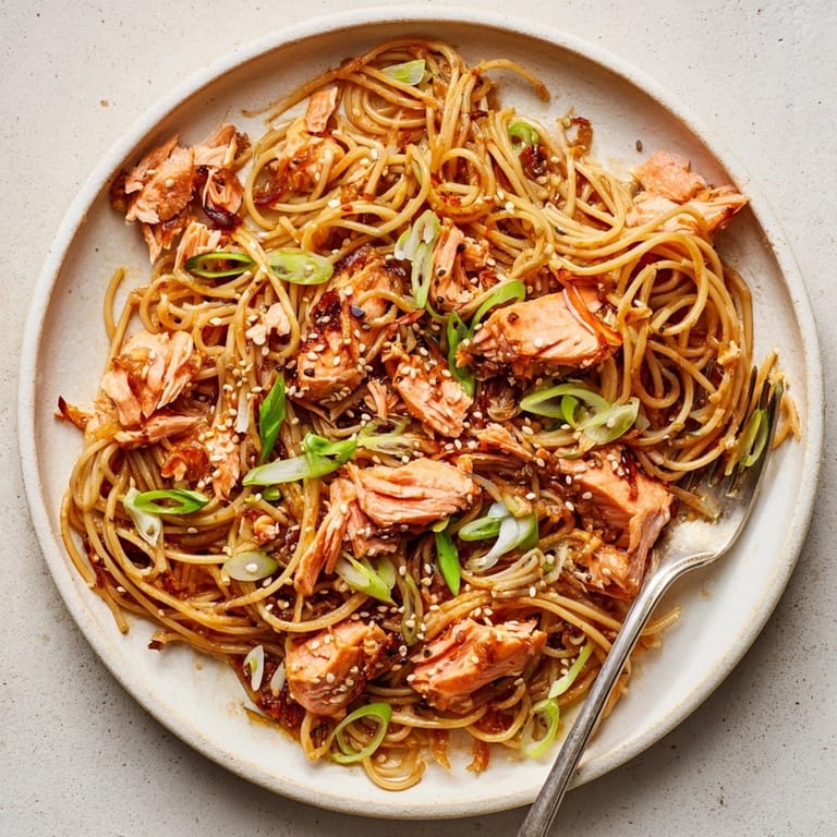 Imagine creamy, umami-rich Japanese Pan-fried Salmon Pasta, garnished with scallions and sesame.