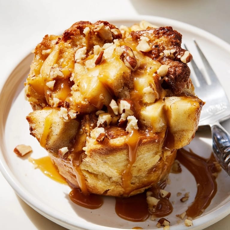 Warm, spiced Caramel Apple Bread Pudding Muffins with tender apple chunks melting into custard.