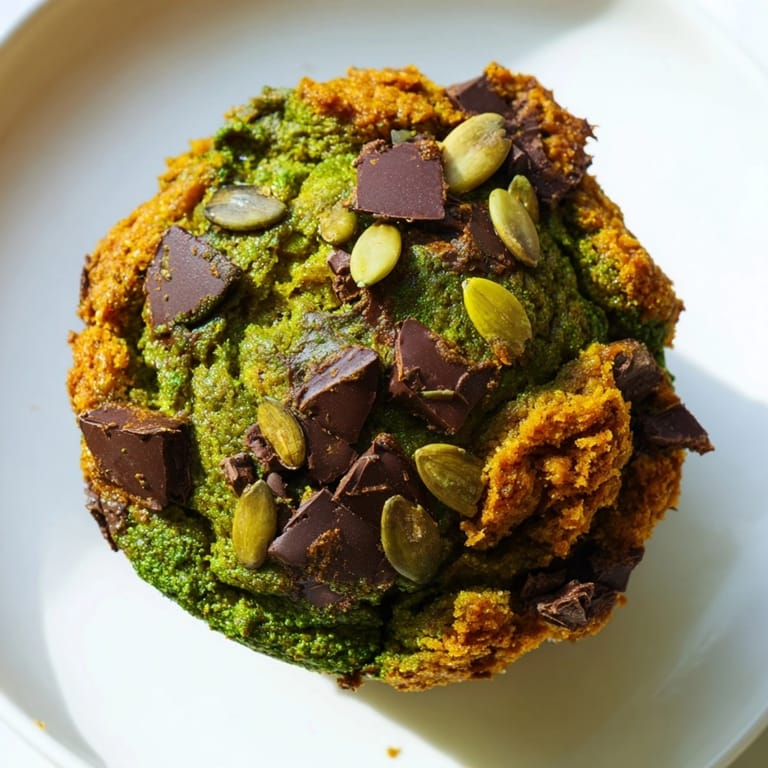 Freshly baked Vegan Matcha Pumpkin Muffins adorned with pumpkin seeds, ready for a fall breakfast.