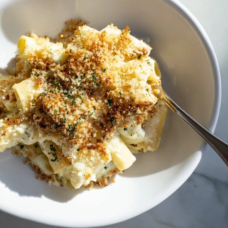 Close-up of creamy Miso Maple Pasta Bake with crunchy panko topping and melted cheese.