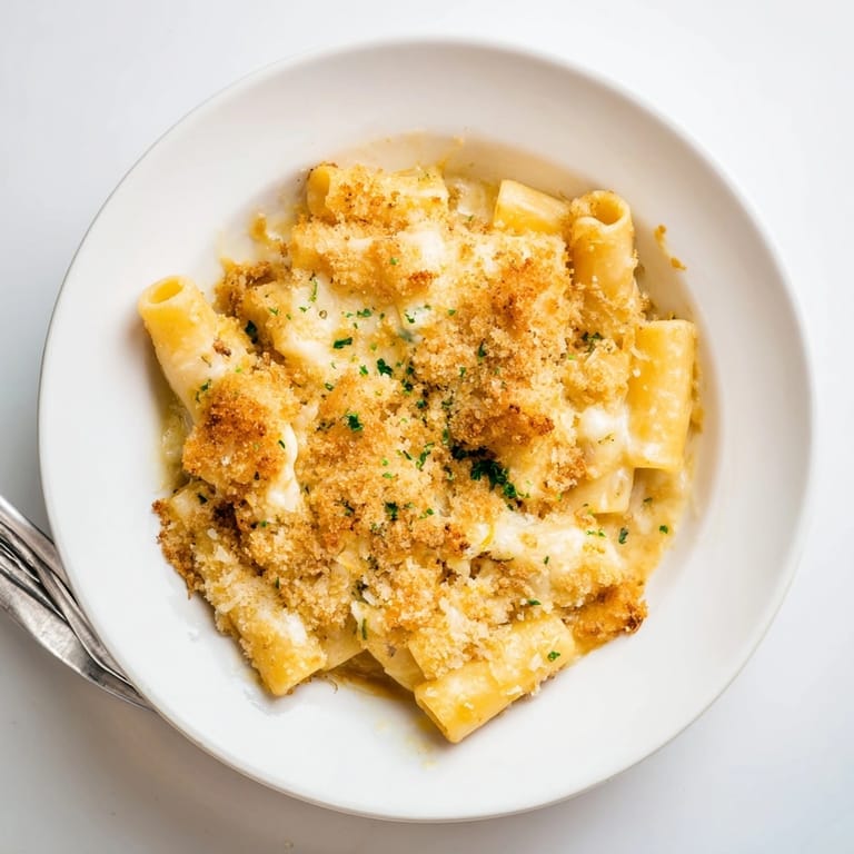 Baked Miso Maple Pasta, served warm and garnished with parsley; a tasty meal.