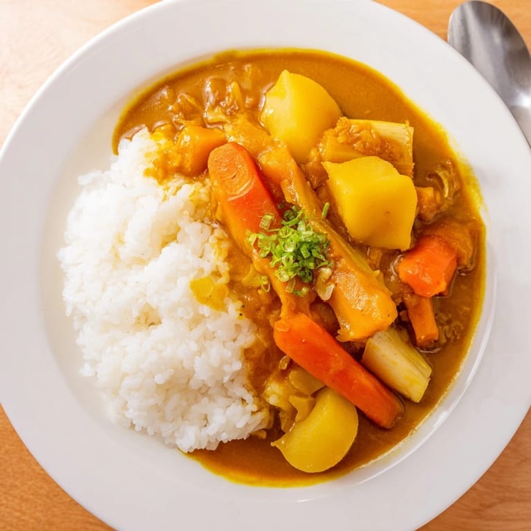 Close-up of the creamy Japanese Curry Pumpkin Twist over fluffy rice; herbs sprinkle.