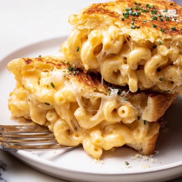 Decadent mac and cheese stuffed French toast, pan-fried to golden perfection and garnished.
