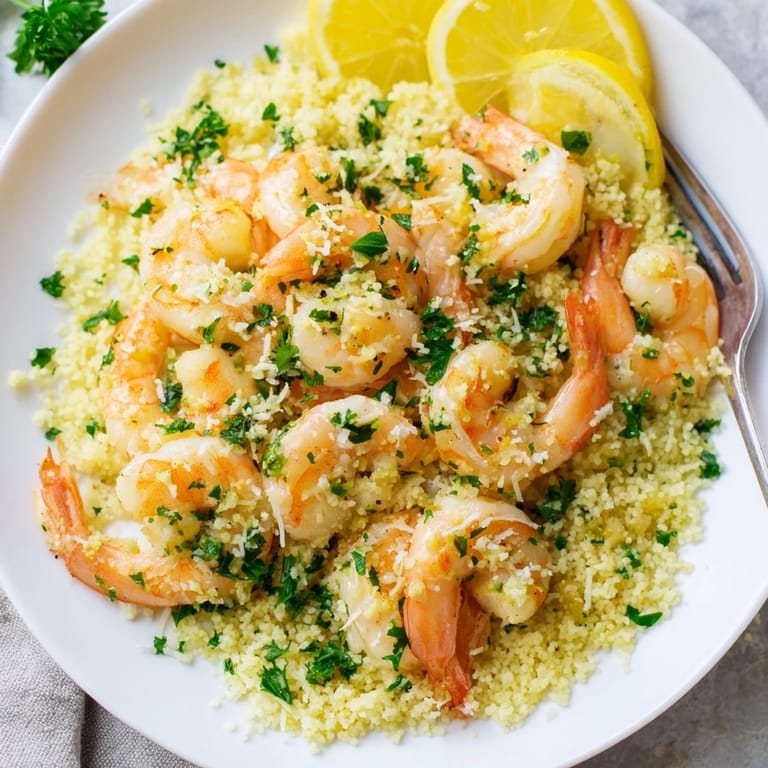 Golden sautéed shrimp over fluffy Parmesan-infused couscous, a perfect Mediterranean dish.  