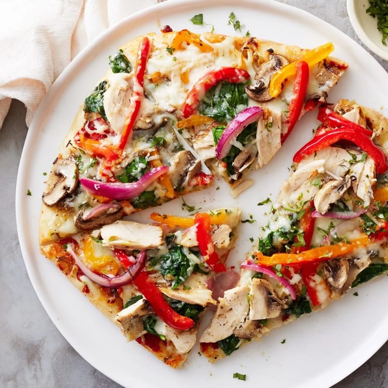 Sliced Alfredo Chicken Veggie Pizza showcases creamy sauce, spinach, and delicious toppings.