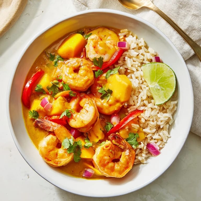 Delicious shrimp and mango curry sizzling in a skillet, ready to serve over rice.  