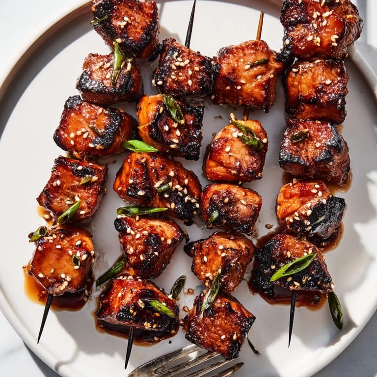 Juicy ginger teriyaki chicken skewers garnished with sesame seeds, perfect for any meal.  