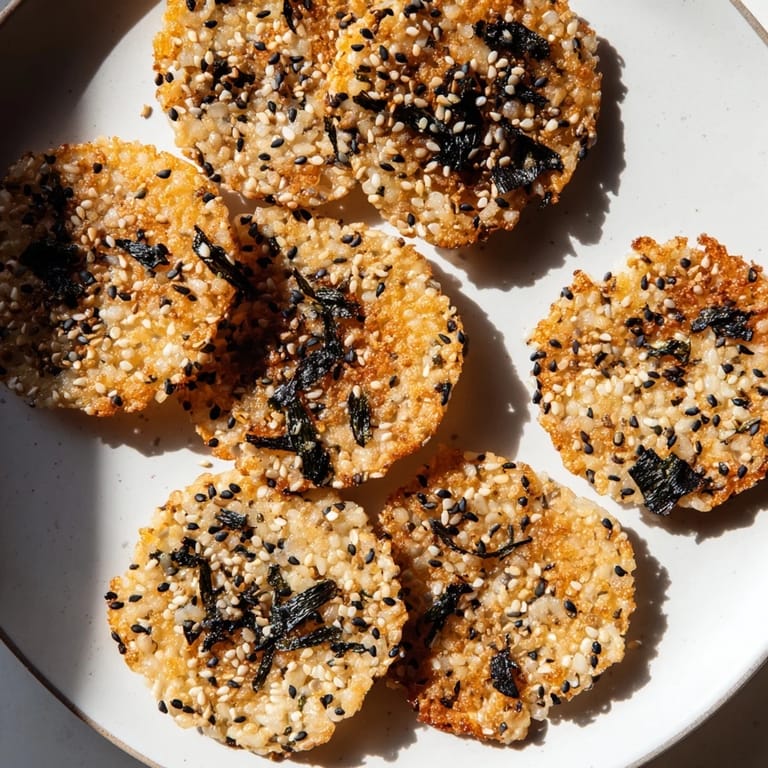 Savory seaweed and sesame rice crisps, ideal with hummus or dips.  